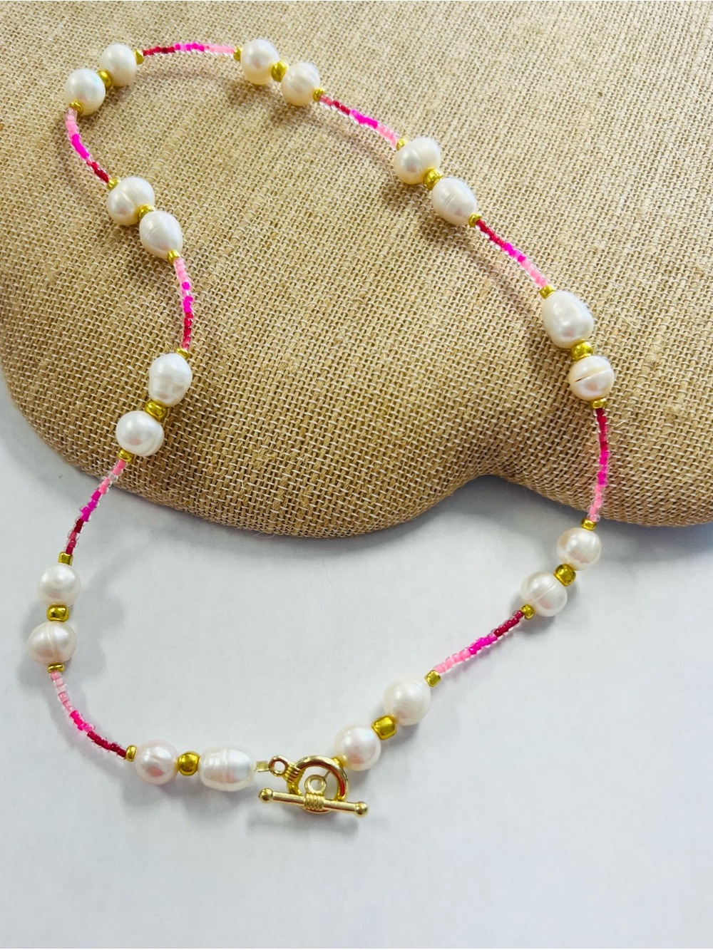 Hand Crafted Pink and White Pearl Beaded Necklace with Gold Accents